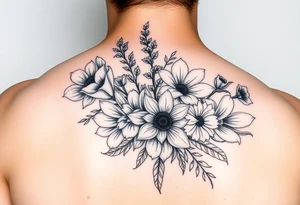 poppy, gladiolus, holly, narcissistic, poinsettia, daisy, and sweet pea flowers in a Bouquet tattoo idea