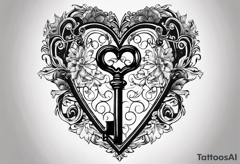 The word KEYRA made as a heart shaped antique key with the two teeth being the alphabetical letter RA tattoo idea