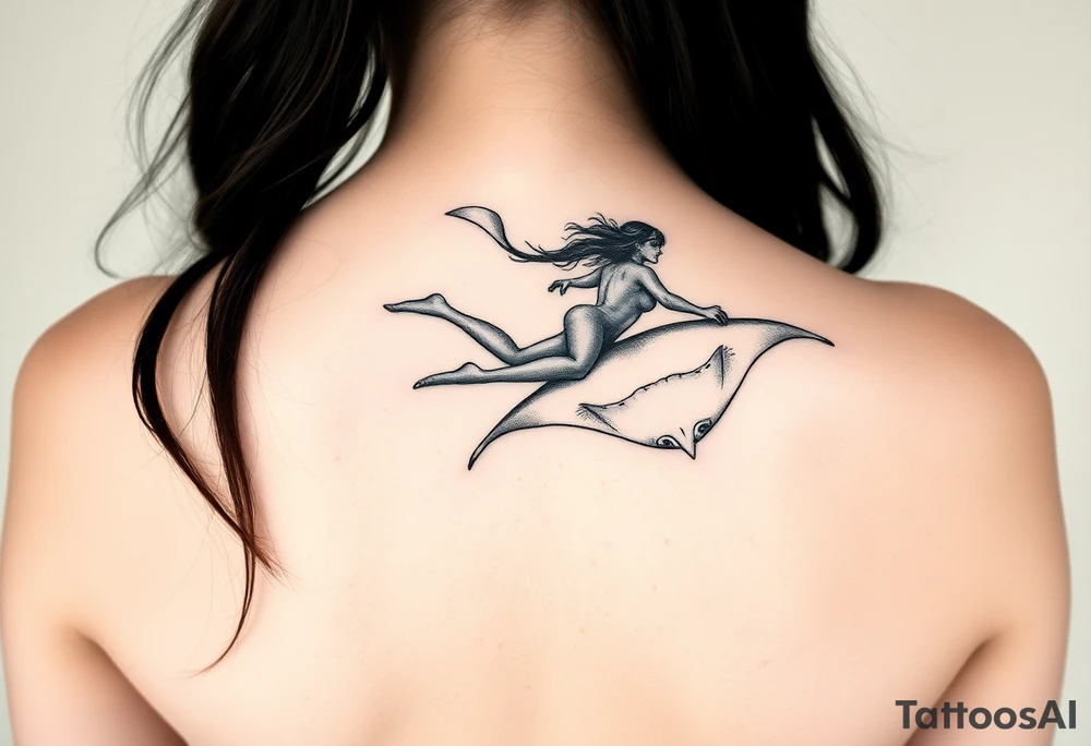 Freediving Woman with a mobula ray in the Open sea tattoo idea