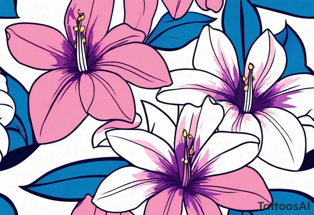 negative space linework mandevilla flowers over a brushstroke background of blue, pink and purple tattoo idea