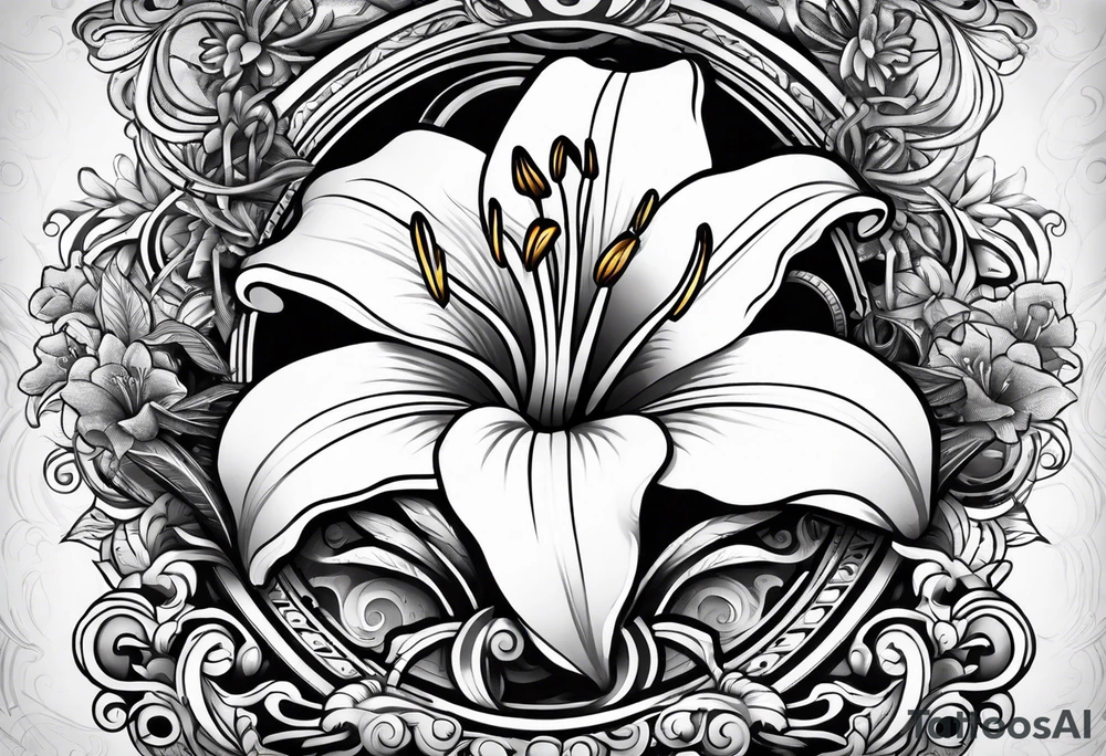 Vintage gear with one lily flower. tattoo idea