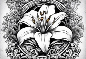 Vintage gear with one lily flower. tattoo idea