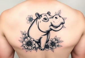 Cute hippo and with sunflowers and carnations realistic and feminine tattoo idea