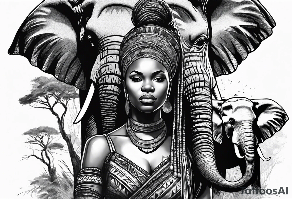 African woman warrior with spear in her hand with elephants and trees around her tattoo idea