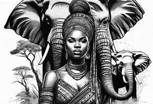 African woman warrior with spear in her hand with elephants and trees around her tattoo idea