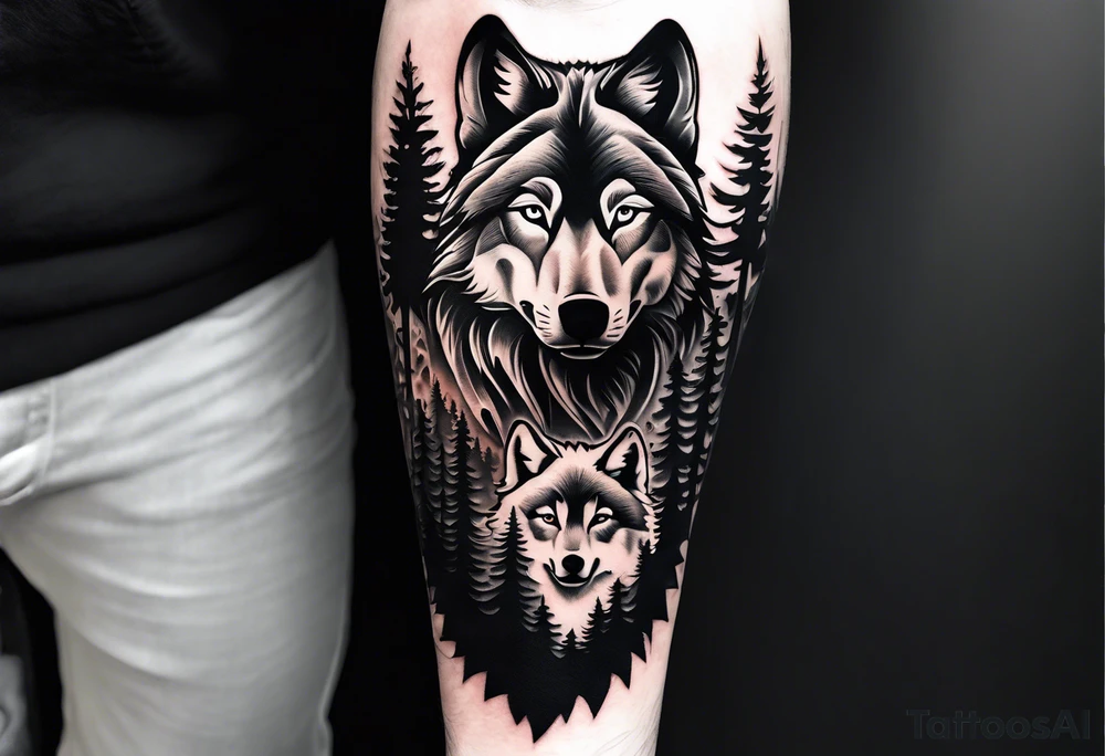 forearm sleeve with wolf cubs and PNW trees, more white/negative space tattoo idea