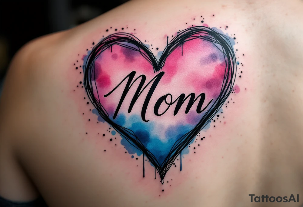 A watercolor heart in pink and blue with the word “Mom” scripted across it in elegant cursive. tattoo idea