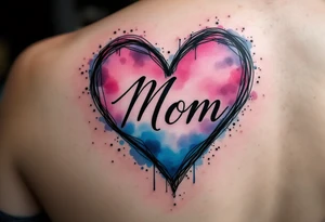 A watercolor heart in pink and blue with the word “Mom” scripted across it in elegant cursive. tattoo idea