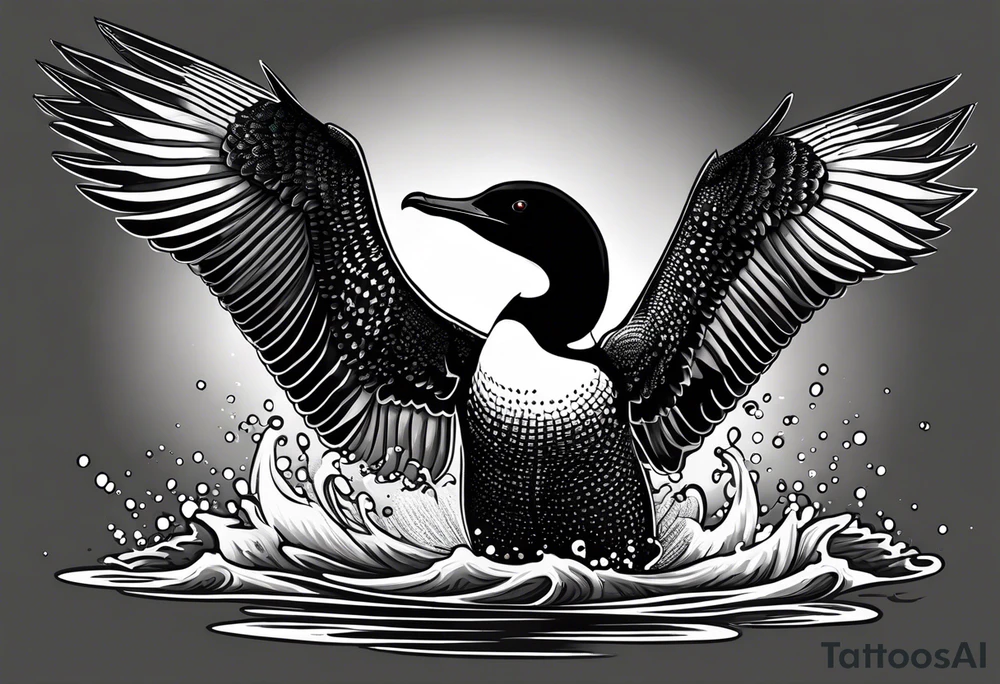 A North American common loon looking majestic as it spreads its wings in the water. On the mid-upper thigh. It should be a vertical tattoo and head on of the loon. tattoo idea