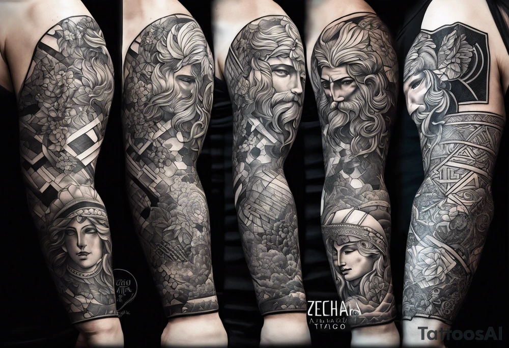 Patchwork arm sleeves of greek gods tattoo idea