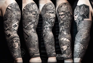 Patchwork arm sleeves of greek gods tattoo idea