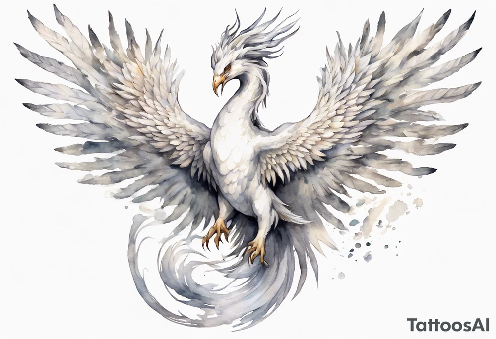 a white phoenix-serpent hybrid wearing a silver crown, flying in the air tattoo idea