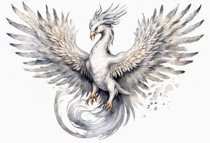 a white phoenix-serpent hybrid wearing a silver crown, flying in the air tattoo idea