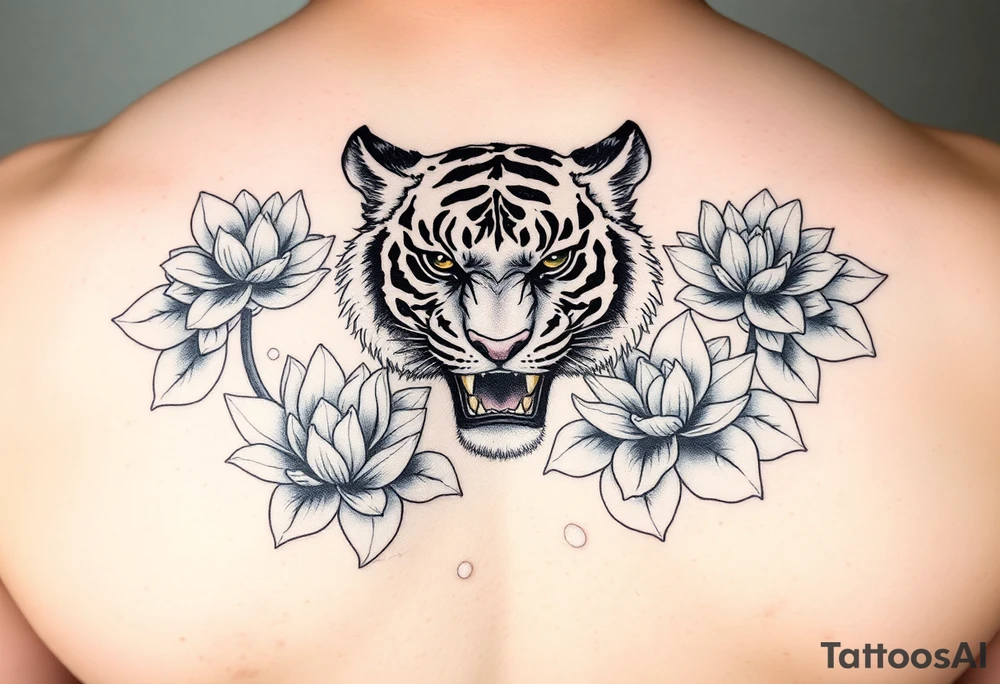 fierce tiger emerging through blooming lotus flowers in mist tattoo idea