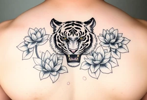 fierce tiger emerging through blooming lotus flowers in mist tattoo idea