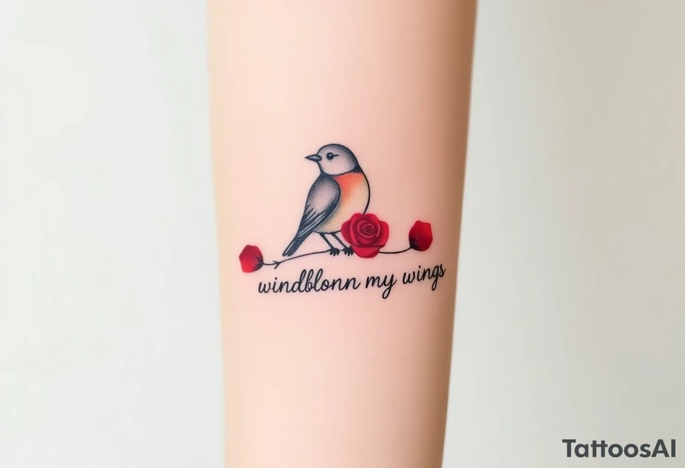 Robin with red rose petals with writing saying wind beneath my wings tattoo idea