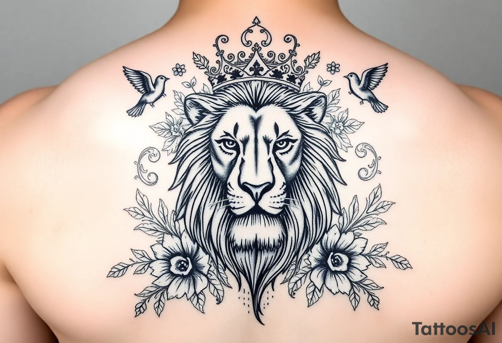 powerful majestic lion with a crown, surrounded by floral ornaments and birds tattoo idea