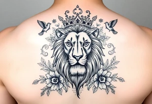 powerful majestic lion with a crown, surrounded by floral ornaments and birds tattoo idea