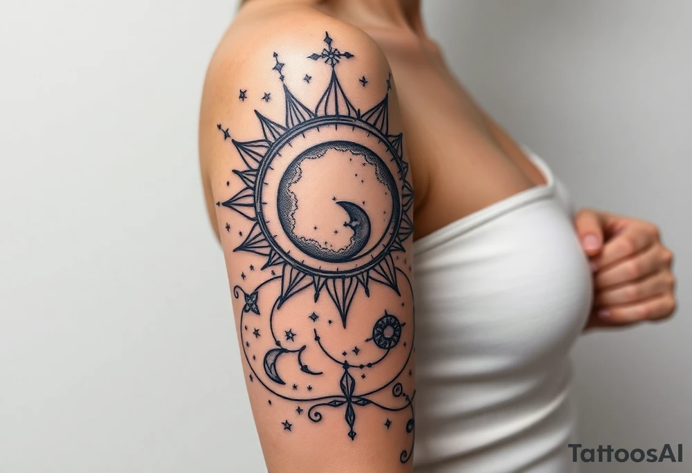 celestial sun and moon with constellation patterns runes in starry sky tattoo idea