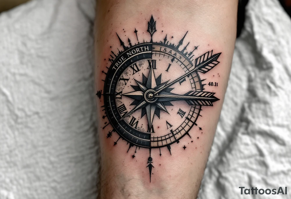 Rustic half compass half clock with a long native American arrow pointing at my wrist with the words “True North” and says "Isaiah 40:31" tattoo idea