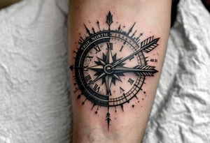 Rustic half compass half clock with a long native American arrow pointing at my wrist with the words “True North” and says "Isaiah 40:31" tattoo idea