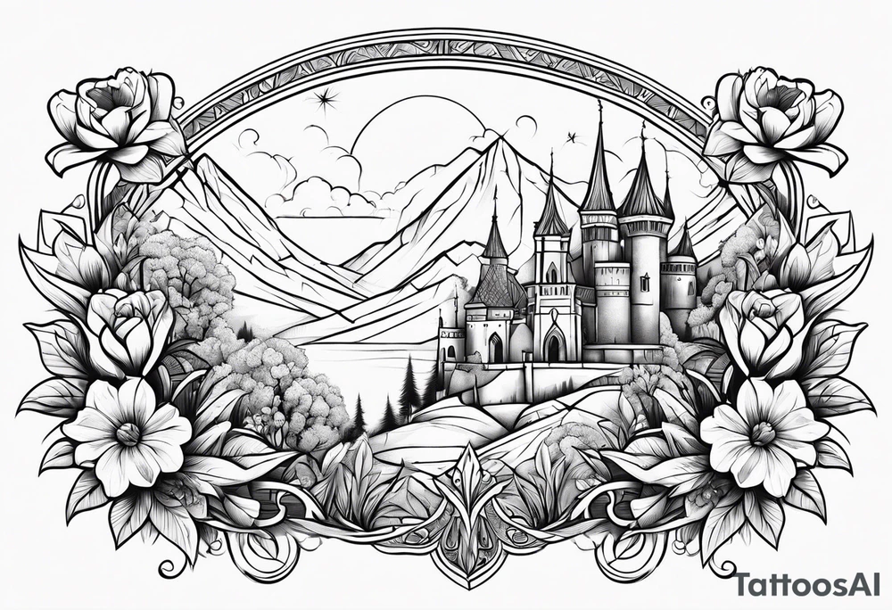 medieval tribal city land flowers vignette tattoo idea