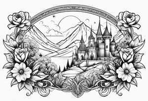 medieval tribal city land flowers vignette tattoo idea