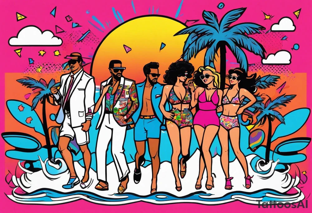 1980's miami vice style beach dance 
party, include confetti, music notes, boom box, bikinis sunset in the center tattoo idea