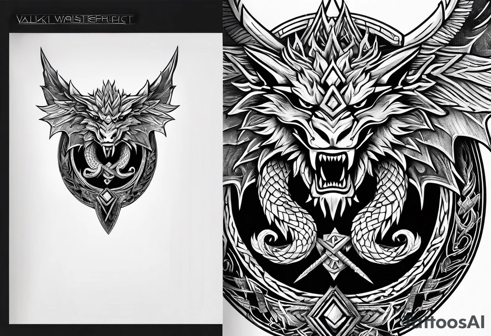 Valhalla sword shield dragon axe Valknut tattoo idea