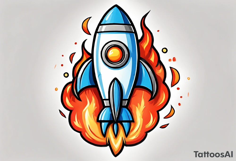 Super simple cartoon rocket ship with a round window, 3 fins, and fire coming out the bottom

Add some shading, color, and detail to make less basic - no blue tattoo idea