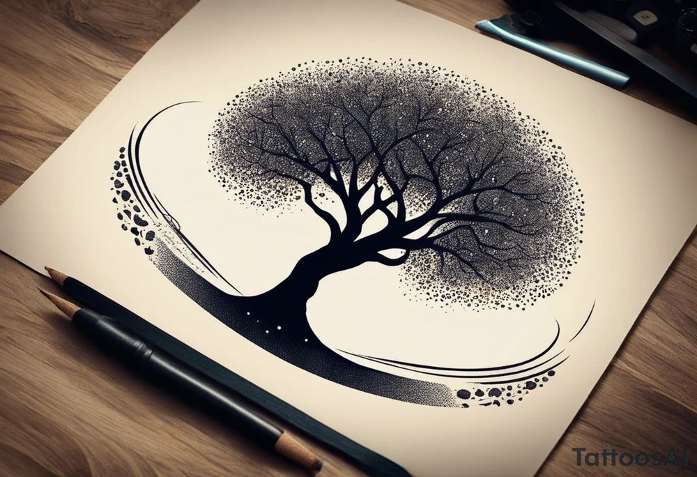 an abstract Tree of Life tattoo. It should have roots growing out of the bottom. The roots slowly turn into water from the Great Wave by Hokusai. A golf flag should be placed discreetly growing out of the ground. 2 license plate tags should be hanging from the tree. Place a few music notes in the areas the leaves should be. The letters A U should be engraved into the tree trunk in a heart. tattoo idea