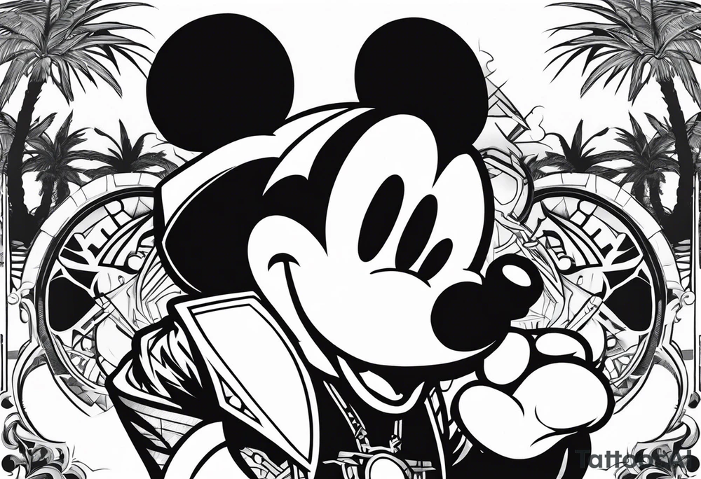 mickey mouse assassins creed character that is in the style of tron with palm trees tattoo idea