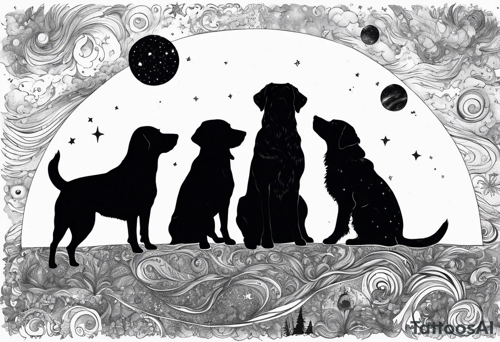 Me and my 3 dogs as silhouettes looking up at a night sky with galaxies comets and other space elements tattoo idea