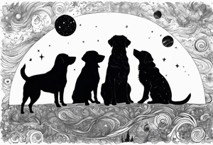 Me and my 3 dogs as silhouettes looking up at a night sky with galaxies comets and other space elements tattoo idea