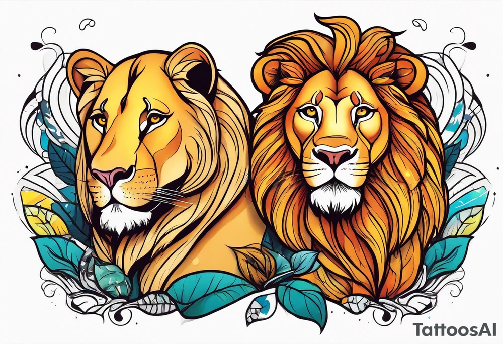 Realistic lion and lioness 
bonding tattoo idea