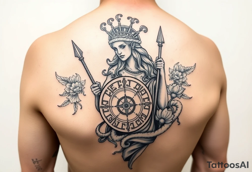 The goddess Athena with her Medusa shield and spear surrounded by Greek flourished designs on right arm sleeve tattoo idea