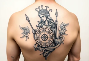 The goddess Athena with her Medusa shield and spear surrounded by Greek flourished designs on right arm sleeve tattoo idea