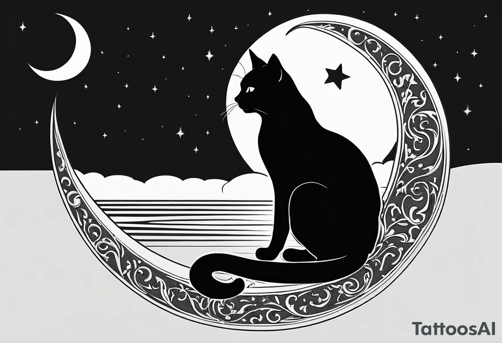 silhouette of full body black cat sitting on outline of crescent moon, simple tattoo idea