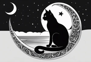 silhouette of full body black cat sitting on outline of crescent moon, simple tattoo idea