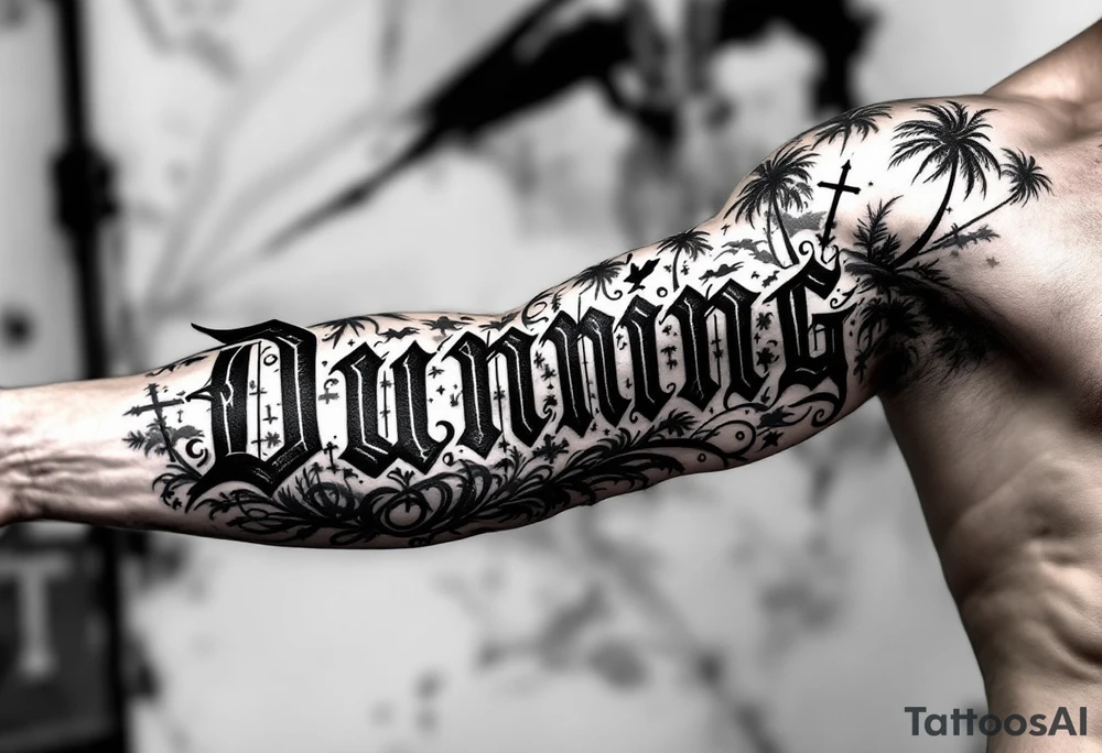Dunning, Romanian theme with palm trees, cross,angels tattoo idea