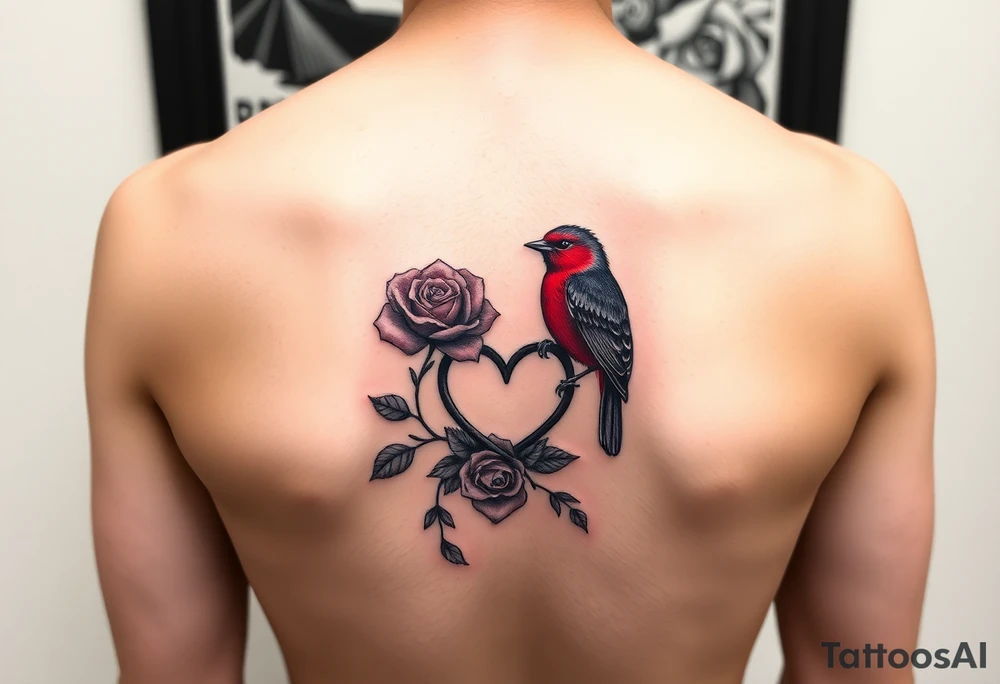 Small Feminine red rose and red robin with a infinity heart on hip tattoo idea