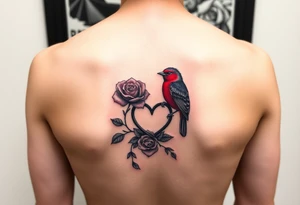 Small Feminine red rose and red robin with a infinity heart on hip tattoo idea