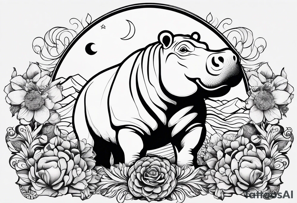 Hippo, flowers, moon, interstella, artic surreal,
Extreme fine lines, tribal, geometric, japanese, artistic tattoo idea
