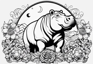 Hippo, flowers, moon, interstella, artic surreal, 
Extreme fine lines, tribal, geometric, japanese, artistic tattoo idea