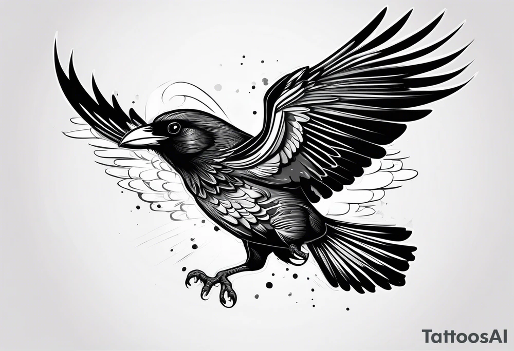 Corbeau en position de vol, avec le nom d'Emma au dessus del ailes tattoo idea