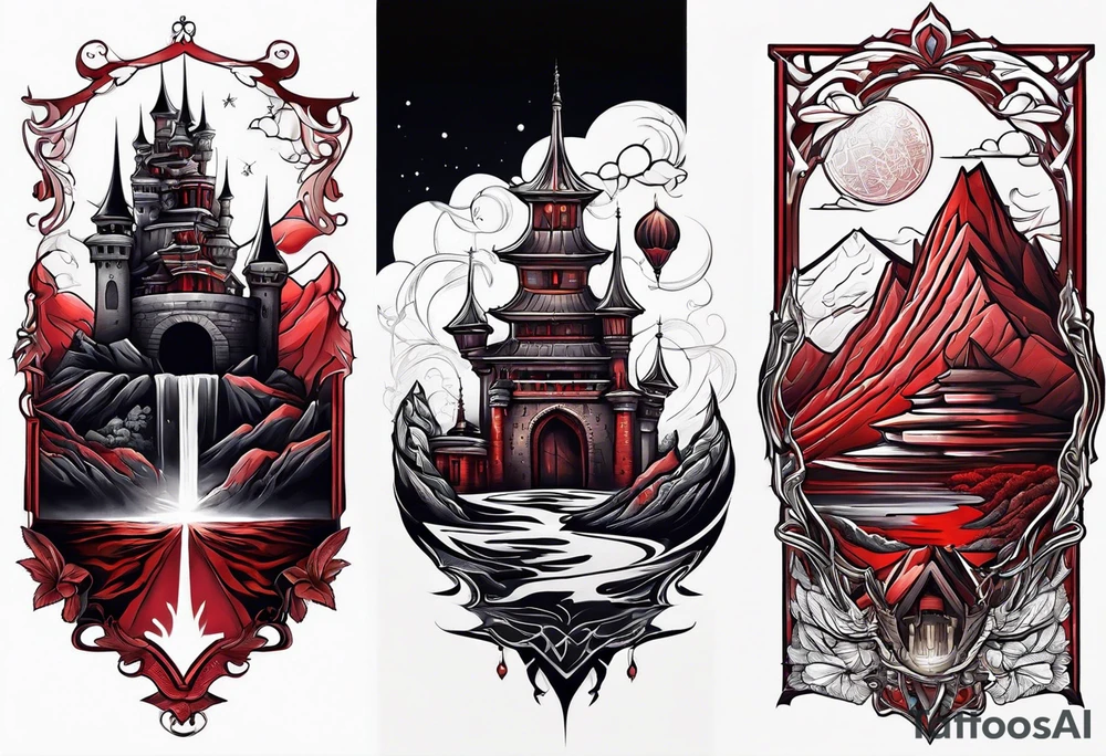 red mountains which there are two fantasies castles tattoo idea
