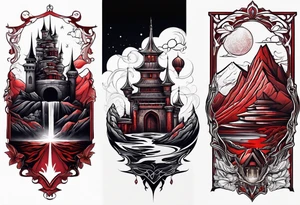 red mountains which there are two fantasies castles tattoo idea