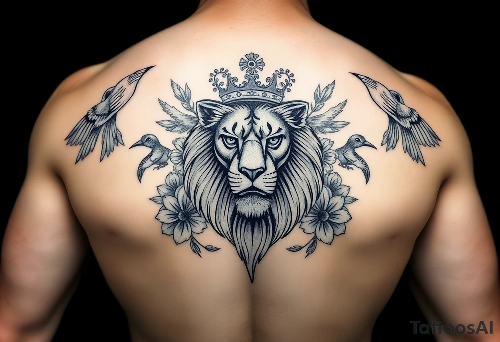 powerful majestic lion with a crown, surrounded by floral ornaments and birds tattoo idea