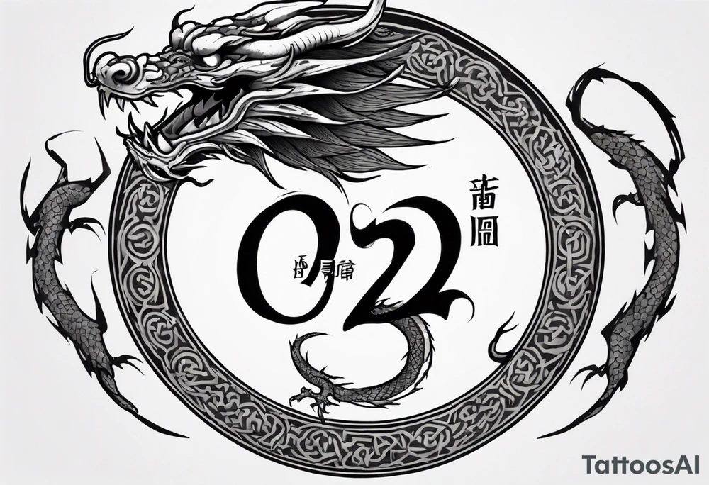 Chinese dragon in a circular shape with "02.03" written on its skin tattoo idea