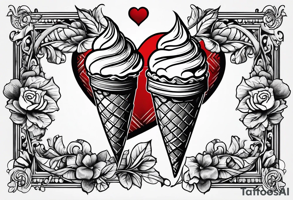 ice cream cone with one round scoop of ice cream and a red heart tattoo idea